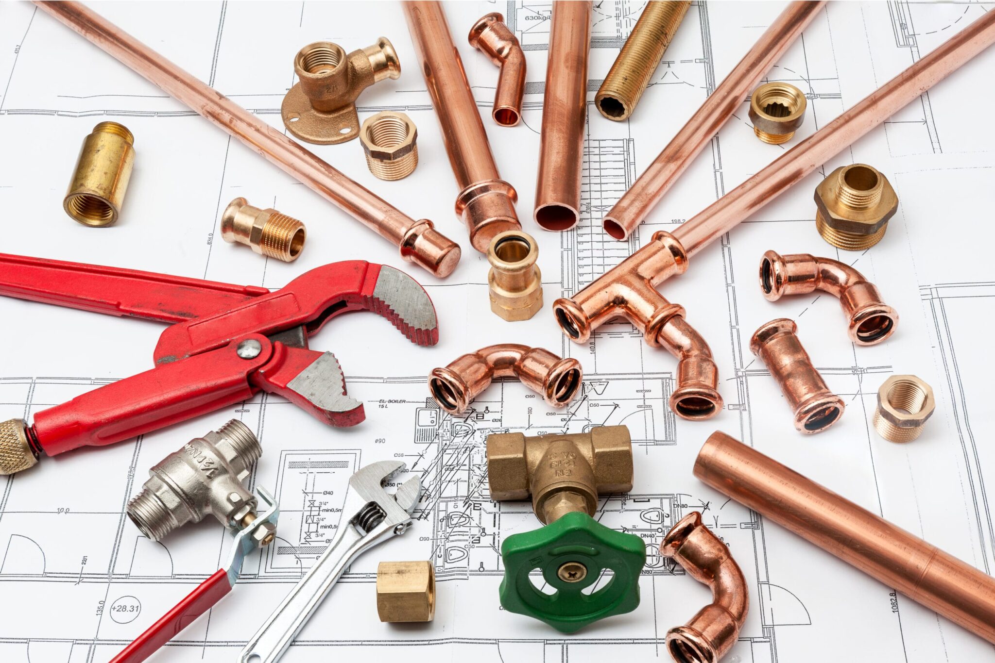 Copper pipes, fittings, valves, and plumbing tools in Carlisle