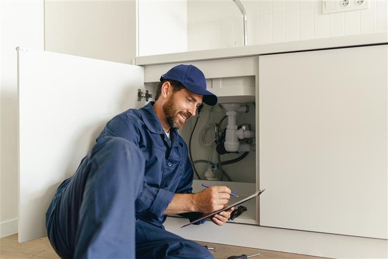 Residential plumber reviewing plumbing repairs in a Carlisle kitchen