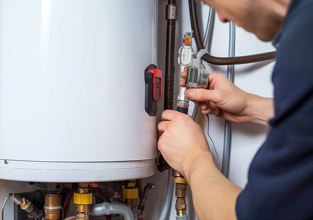 Technician repairing pipes connected to a water heater in Carlisle